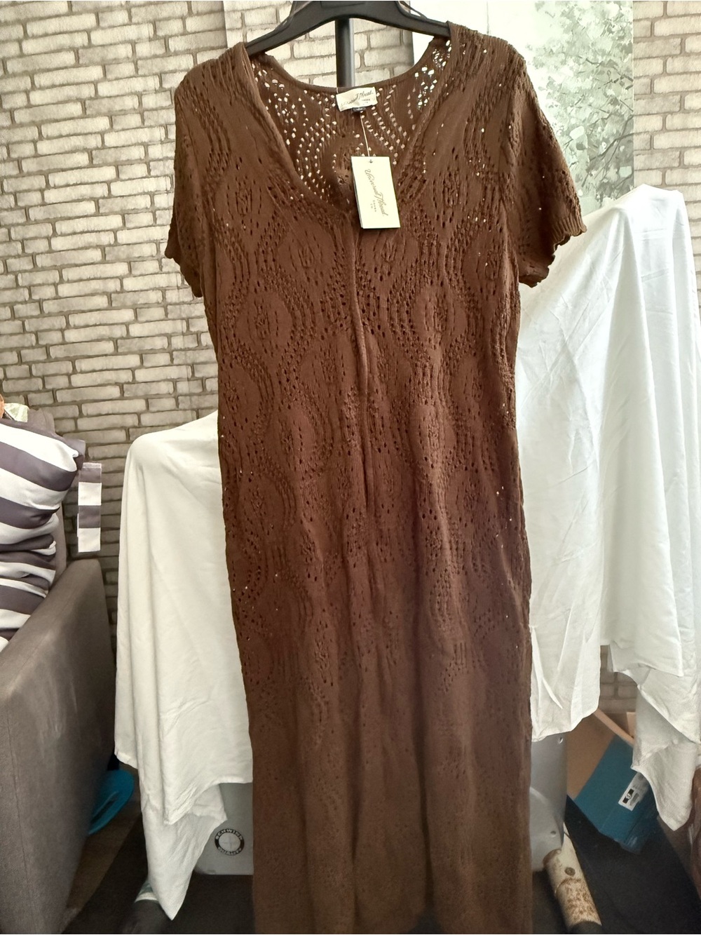 Universal Thread Olive/Brown Short-Sleeve Knit Crochet Maxi Dress